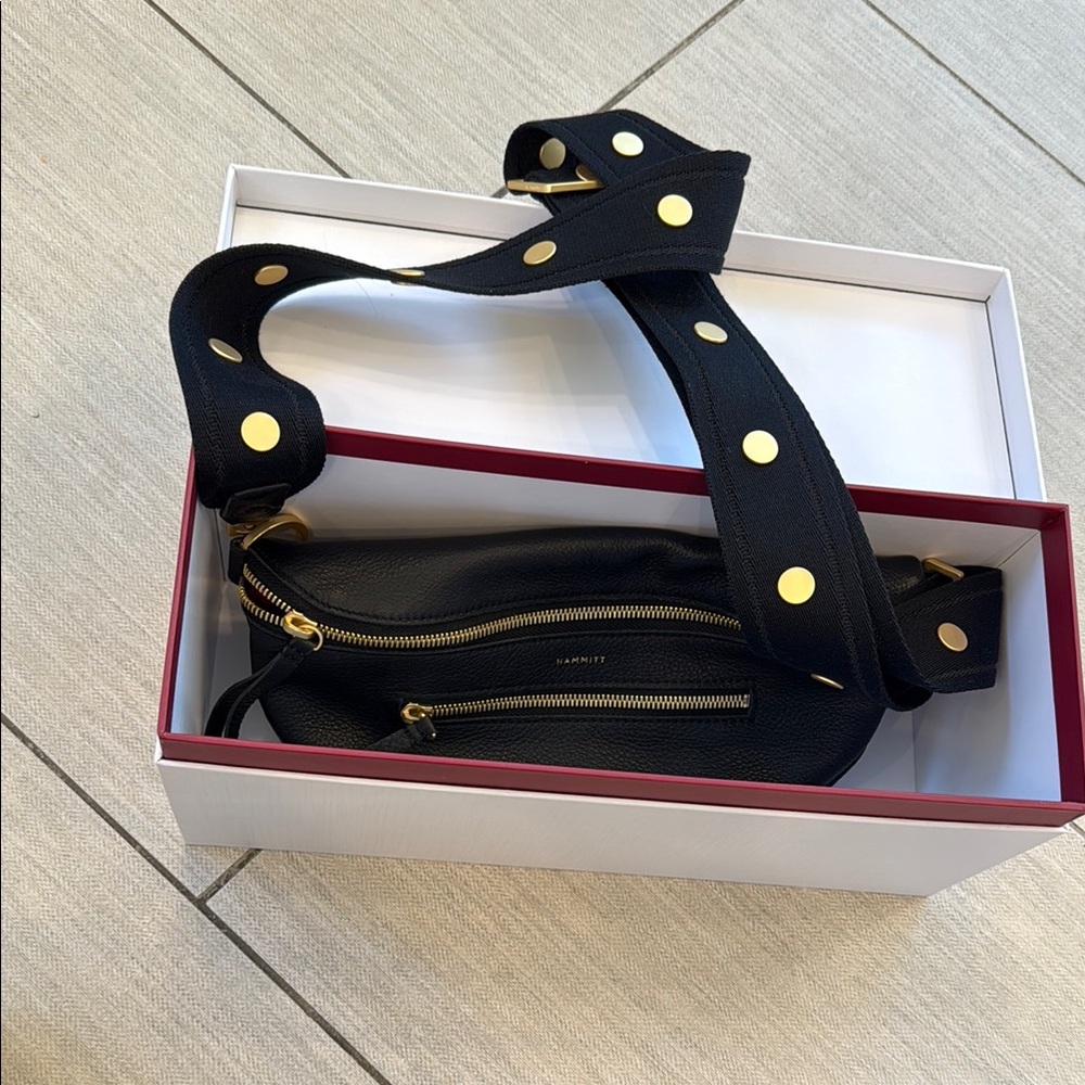 Black Leather Crossbody Bag with Gold Accents